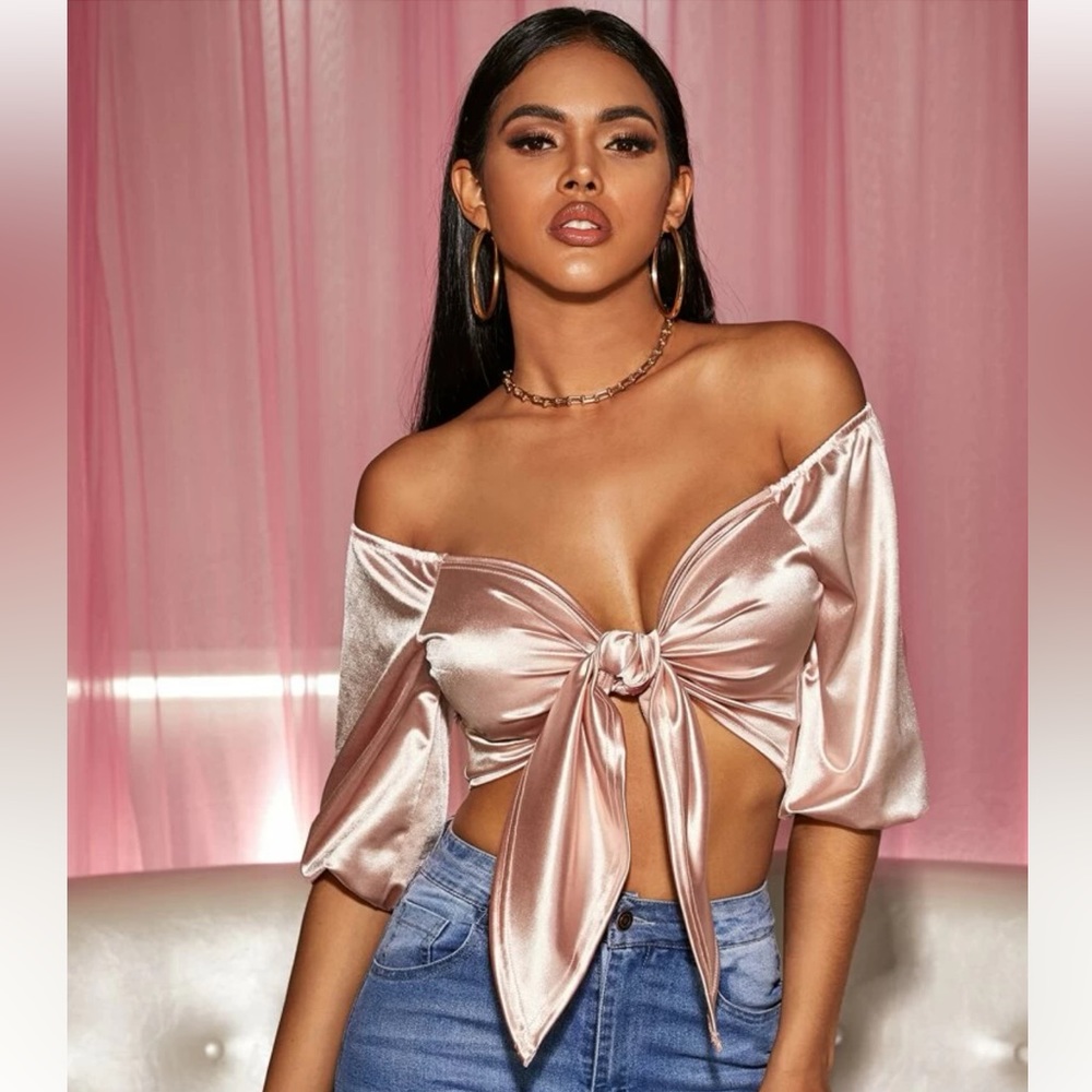 Off Shoulder Tie Front Satin Crop Top